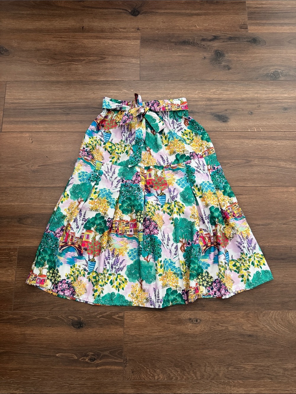 Deja Blue Premium Landscape Print Midi Skirt Floral Houses Tie Waist Small